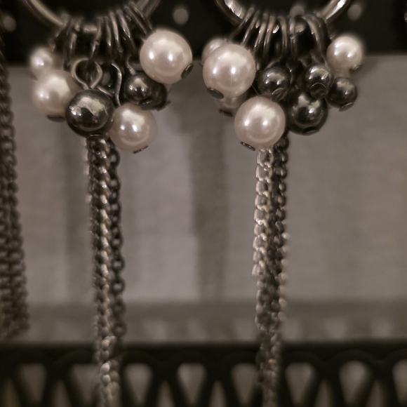 Edgy Gunmetal & Pearl Tassel Drop Earrings – Mixed Multi-Tone - Picture 5 of 8
